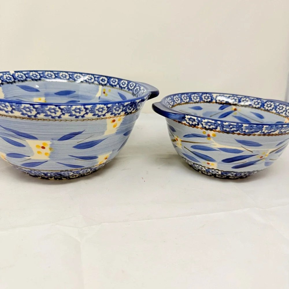 Temp-tations Old World Blue Ceramic Mixing Bowls Set of 2 1.5QT 1QT *flaws* see
